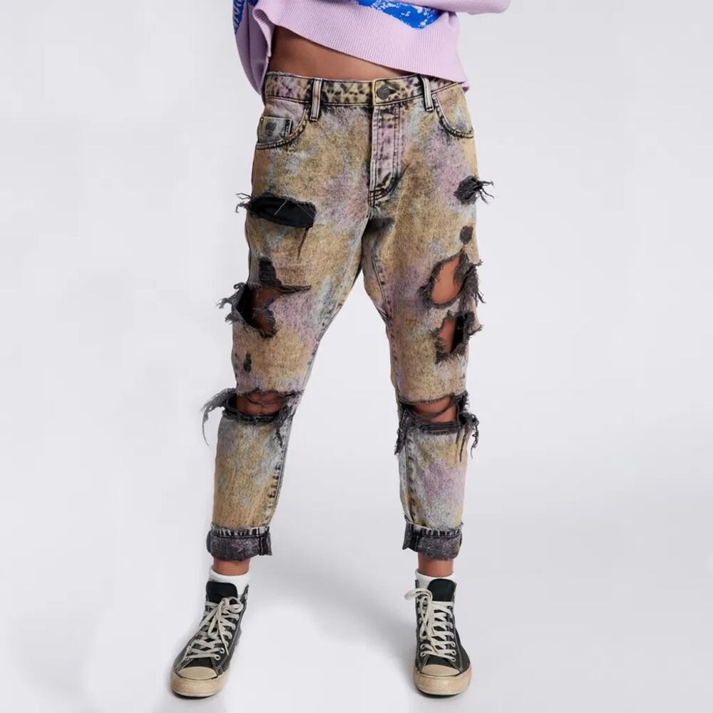 NWT One Teaspoon 26 Sunset Messed Up Acid Multicolor Distressed Boyfriend Jeans